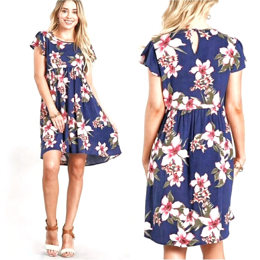 LAST ONE Capped Sleeve Keyhole HI LO Floral Dress